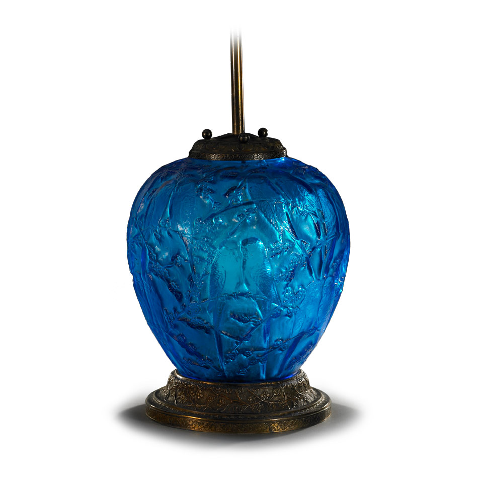 Appraisal: Perruches Lalique Blue Glass Table Lamp s wheel-carved R LALIQUE