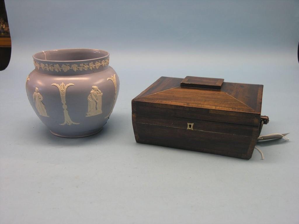 Appraisal: An early th century mahogany work box sarcophagus-shape with interior