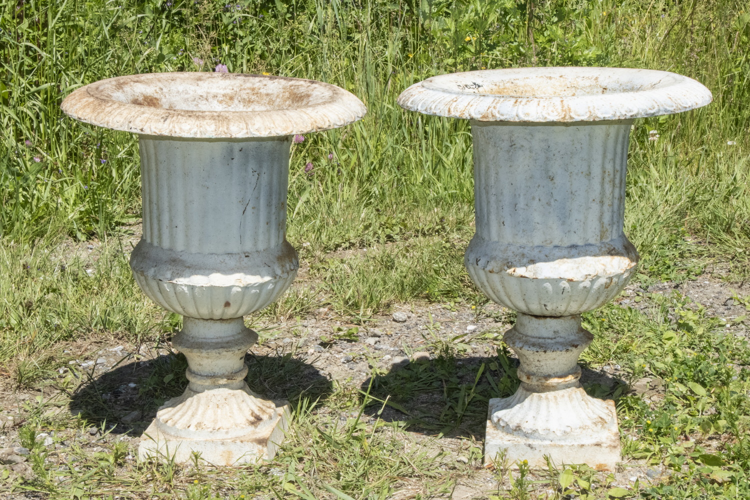 Appraisal: PR IRON CAMPAGNA FORM GARDEN URNS Pair of Vintage Painted