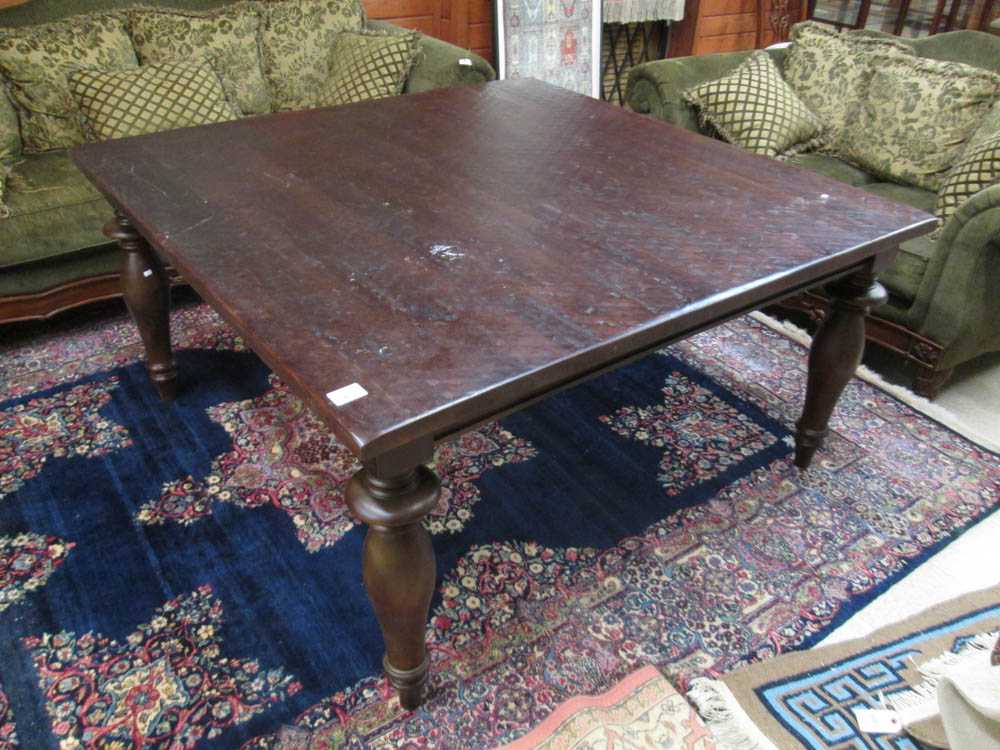 Appraisal: LARGE BANQUET TABLE antique reproduction square distressed top on four