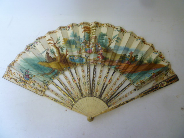 Appraisal: A CONTINENTAL FAN early th century the paper leaf painted