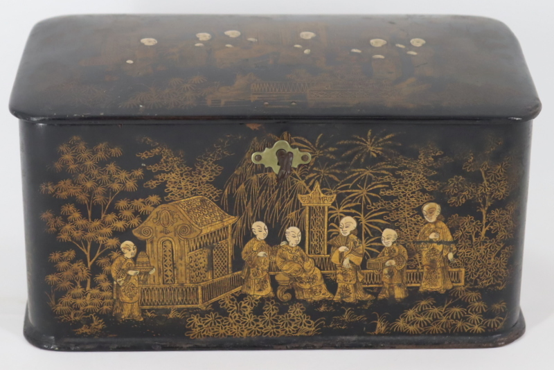 Appraisal: Antique Chinoiserie Lacquered Tea Caddy Antique chinoiserie lacquered and gilt