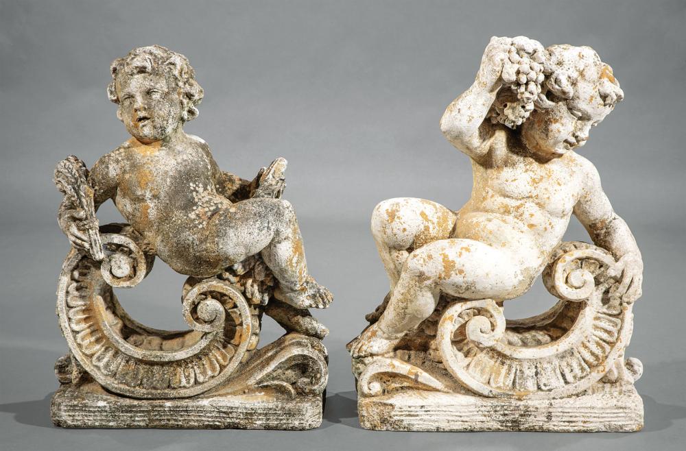 Appraisal: Two Cast Stone Figures of Putti reclining on scrolled brackets