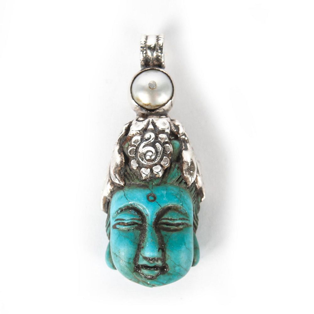 Appraisal: CARVED TURQUOISE BUDDHA PENDANT W SILVER AND PEARL Single large