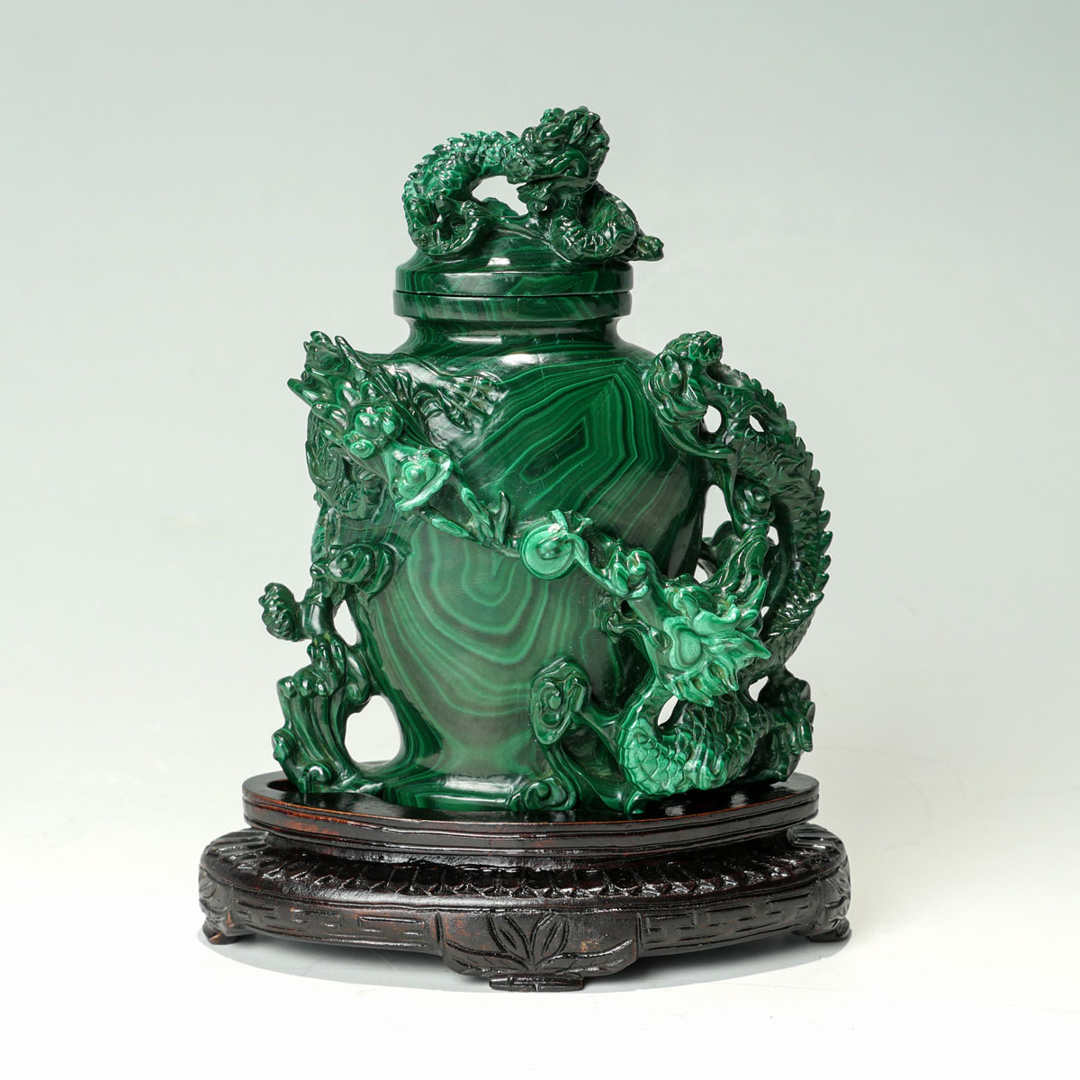 Appraisal: CARVED CHINESE DRAGON MALACHITE LIDDED JAR Chinese lidded jar of