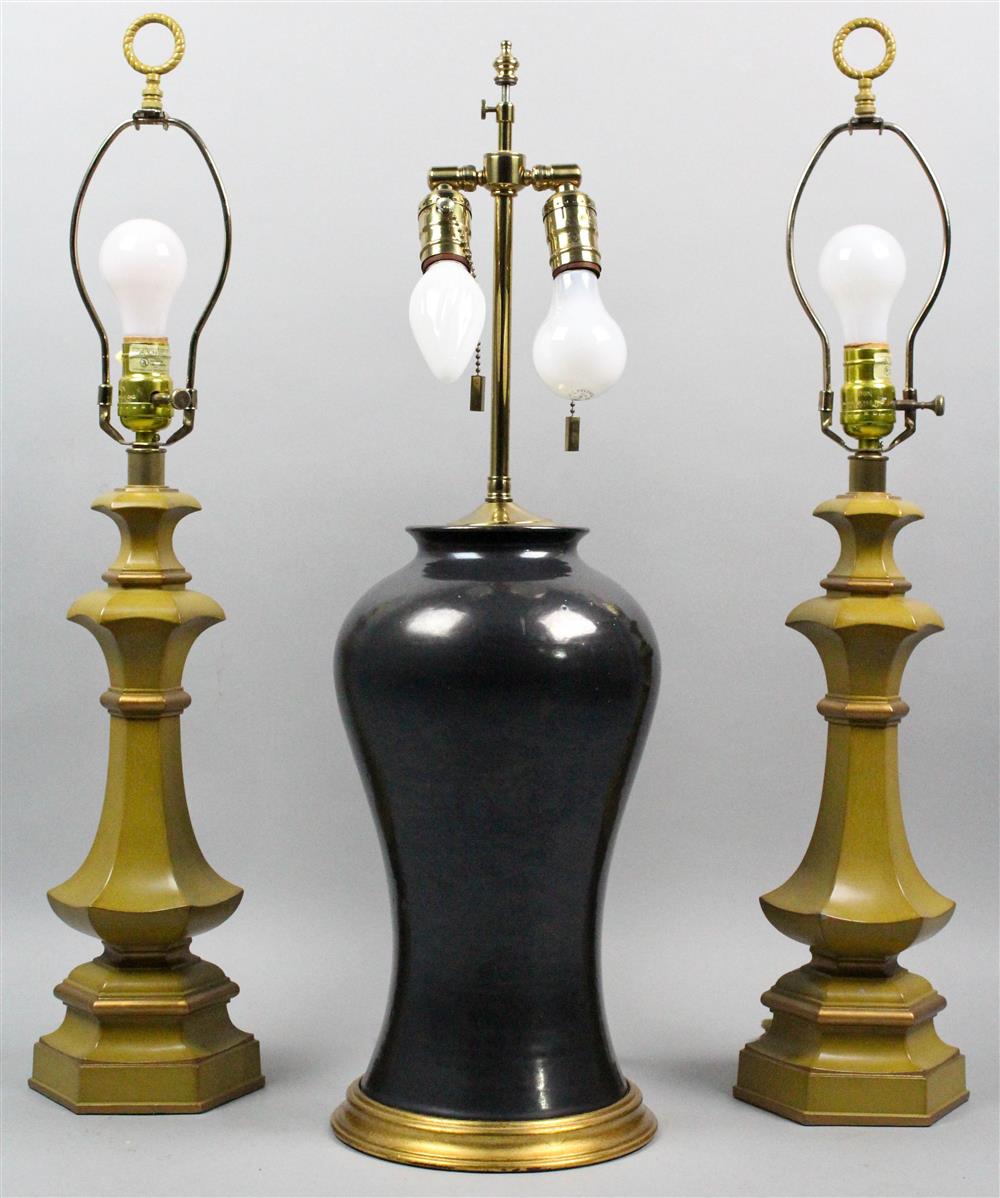 Appraisal: PAIR OF MUSTARD TOLE PEINTE COLUMNAR LAMPS TOGETHER WITH A