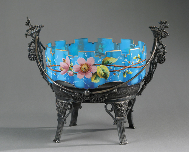 Appraisal: VICTORIAN ARTGLASS SILVER BRIDE'S BASKET the bowl with blue and