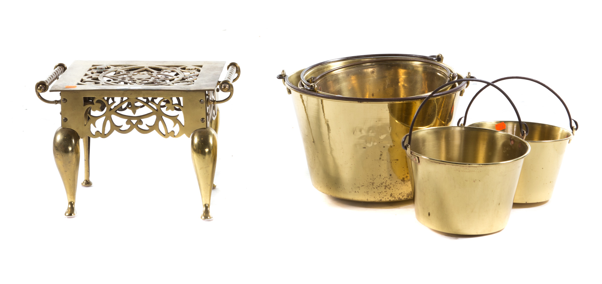 Appraisal: Six brass buckets and kettle stand