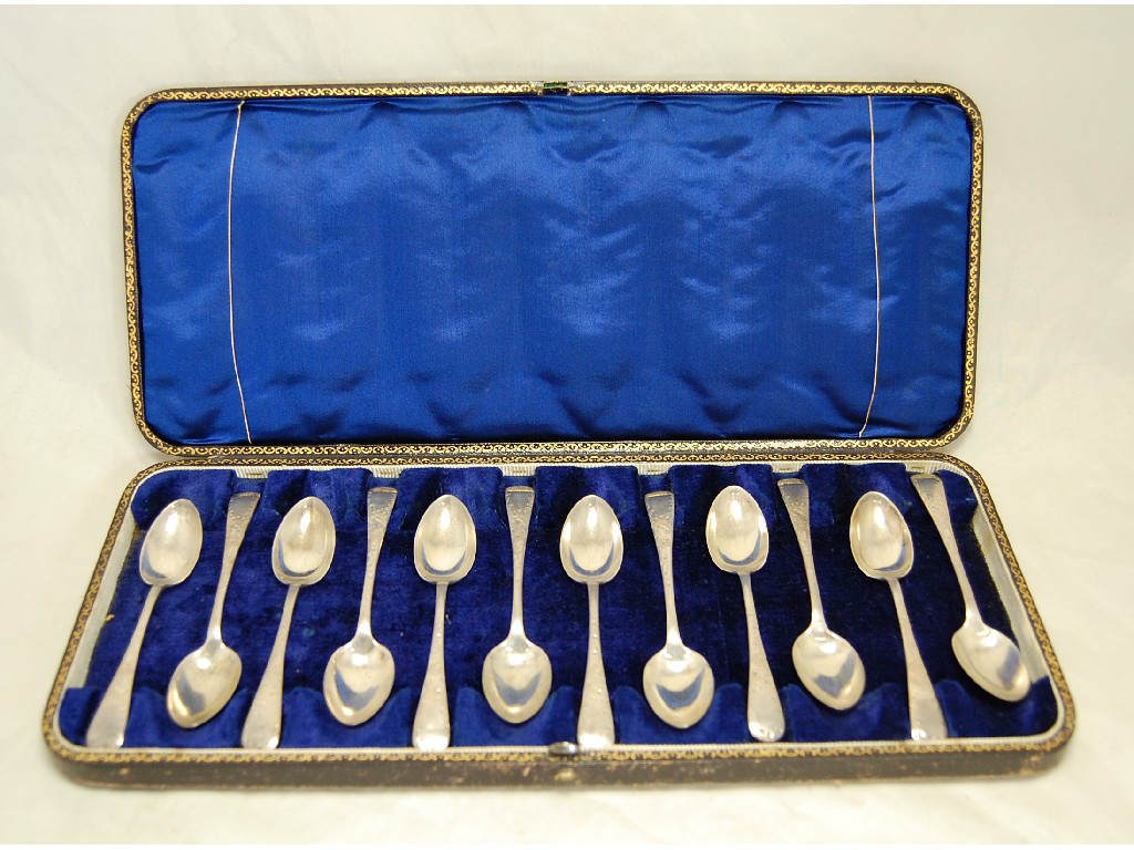 Appraisal: Dozen silver bright-cut engraved teaspoons Sheffield in fitted case approx