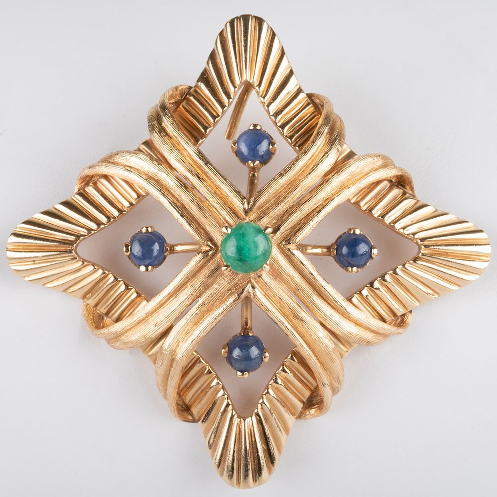 Appraisal: K Gold Emerald and Sapphire Pendant Brooch K Gold Emerald