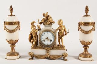 Appraisal: PIECE FRENCH DORE BRONZE AND MARBLE FIGURAL CLOCK GARNITURE PIECE