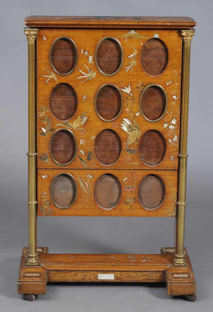 Appraisal: LATE VICTORIAN GILT-METAL MOUNTED OAK FIRE SCREEN ESCRITOIRE WITH ''JAPONAISE