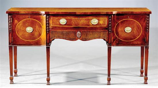 Appraisal: Adam style inlaid mahogany serpentine sideboard shaped and crossbanded top