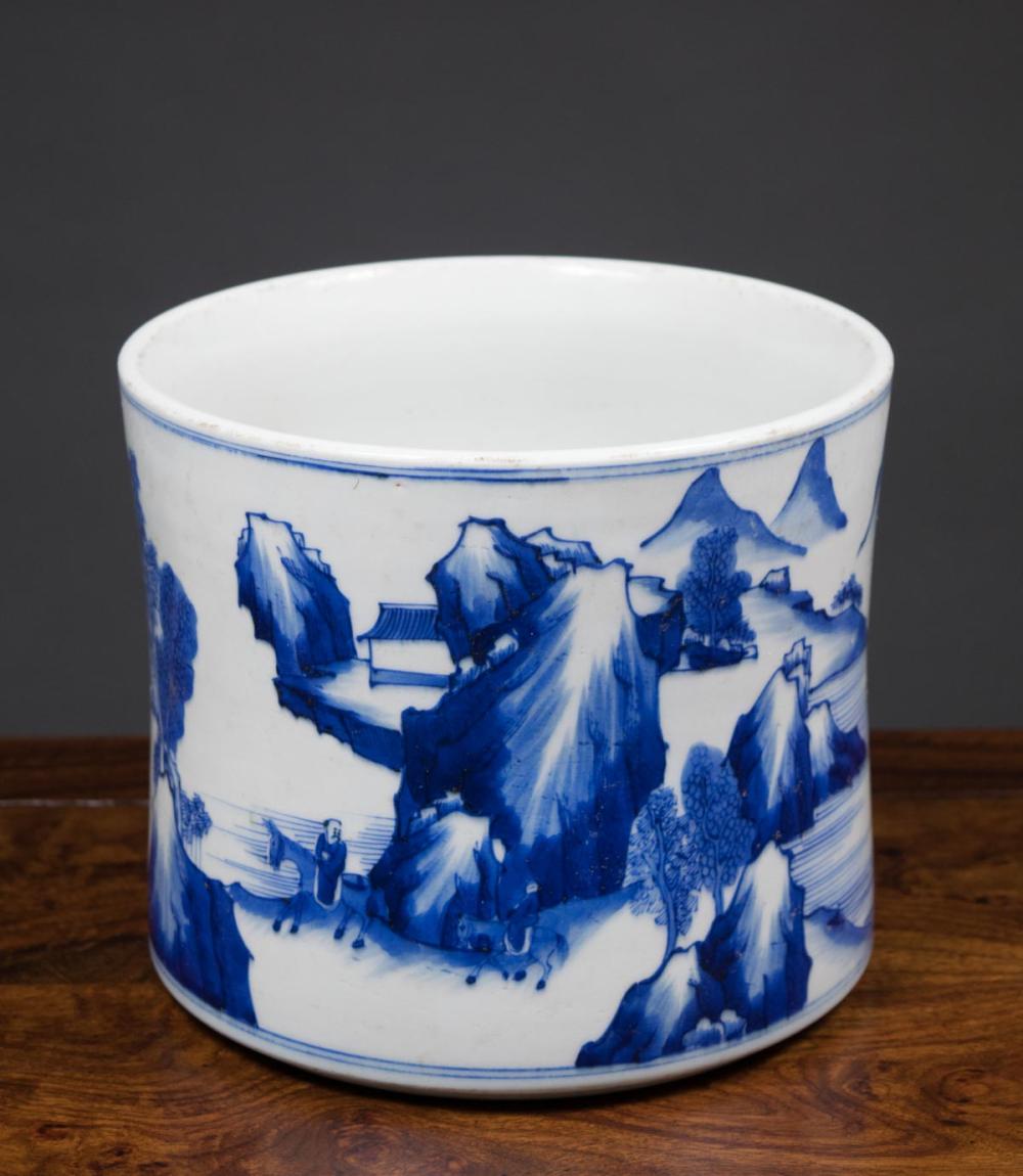 Appraisal: CHINESE BLUE AND WHITE PORCELAIN BRUSH POT hand painted blue