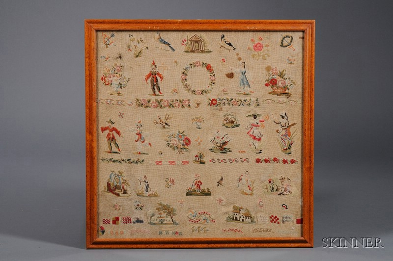 Appraisal: Framed Continental Wool Needlework Sampler c with scattered foliates chinoiserie