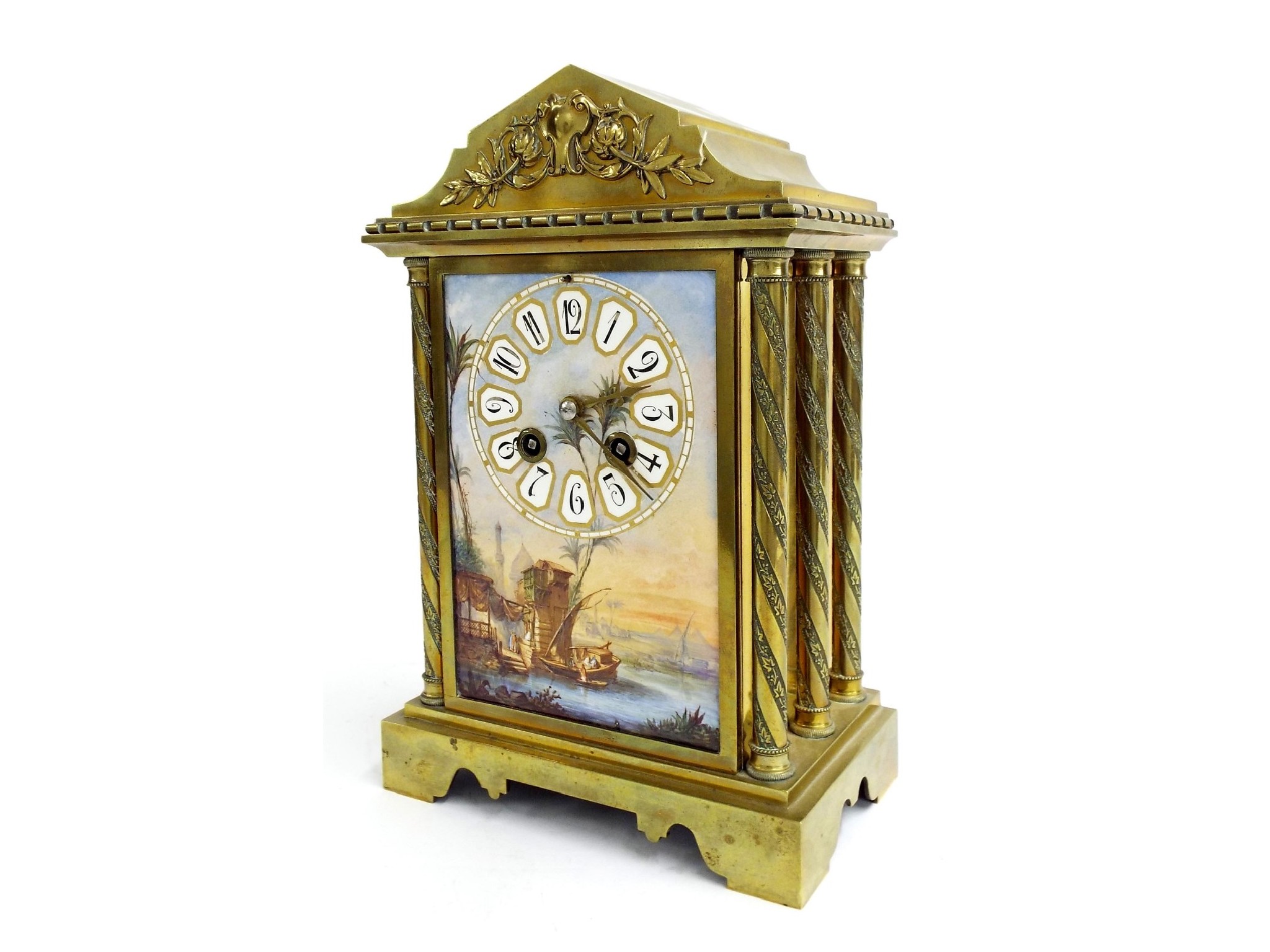 Appraisal: French brass and porcelain mounted two train mantel clock the