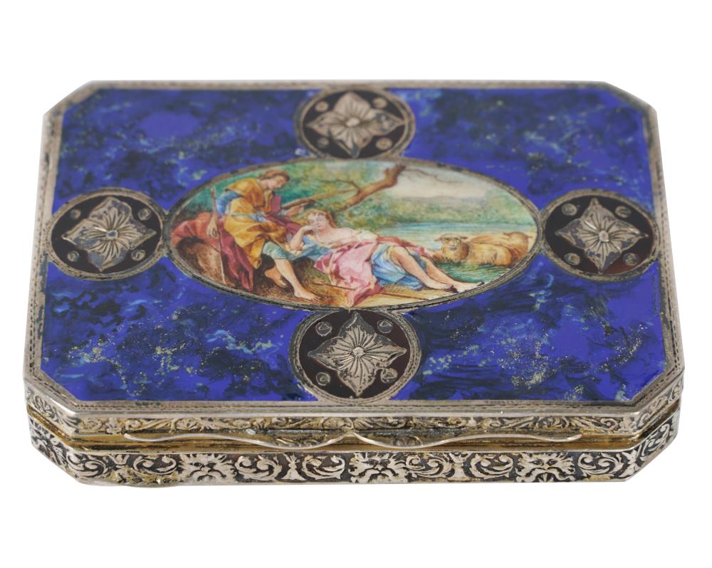 Appraisal: ENAMELED -SILVER PATCH BOXthe top with lapis inlay and hand-painted