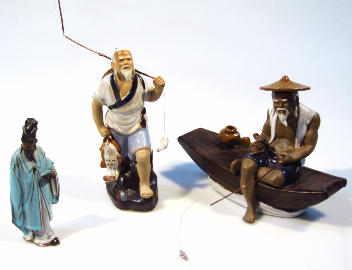 Appraisal: Various thC Chinese pottery figures to include fisherman on boat