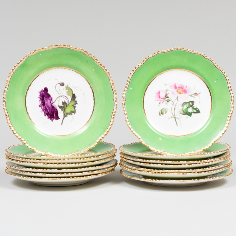 Appraisal: Set of Fourteen English Green Ground Porcelain Dessert Plates Decorated