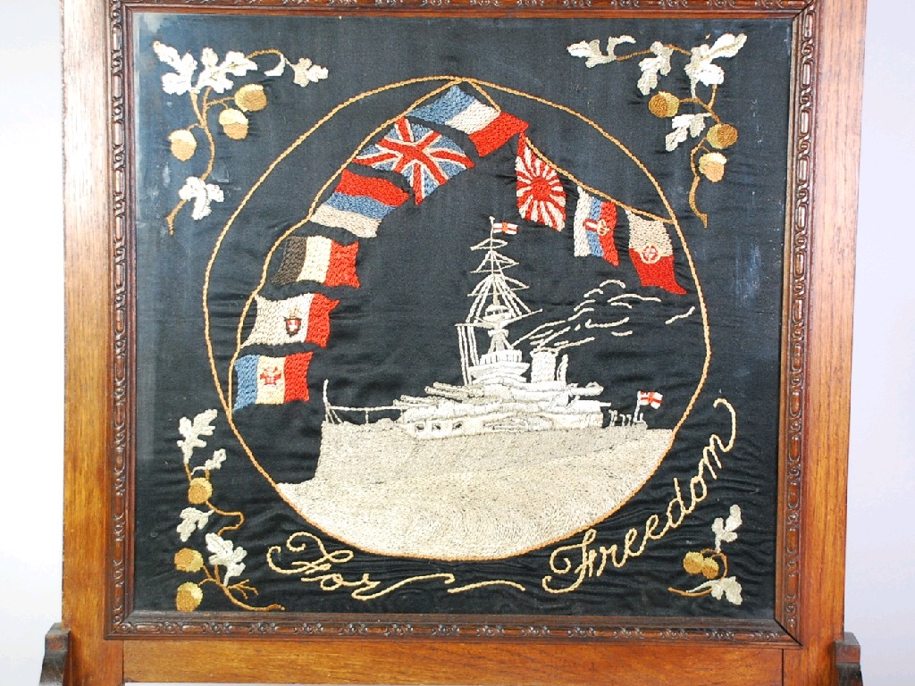 Appraisal: WORLD WAR I SILKWORK PICTURE OF A DREADNOUGHT AND FLAGS