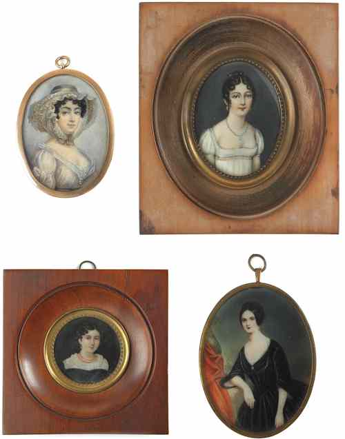 Appraisal: Four watercolor on ivory female portraits th c probably English