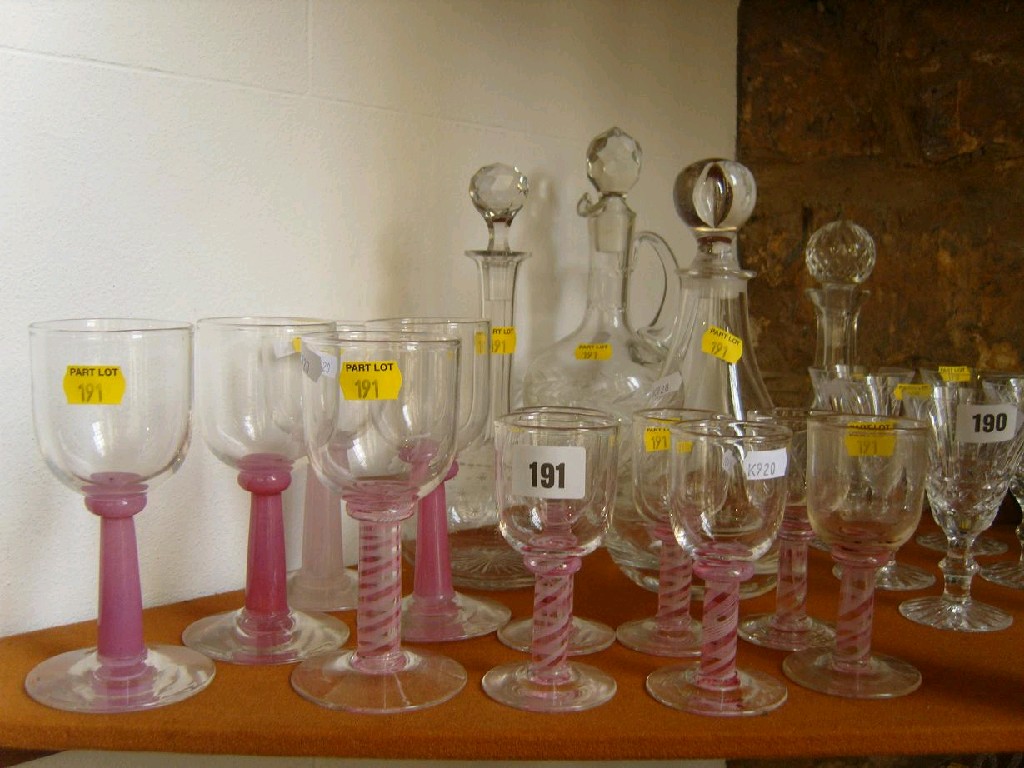 Appraisal: A set of drinking glasses with pink and opaque white