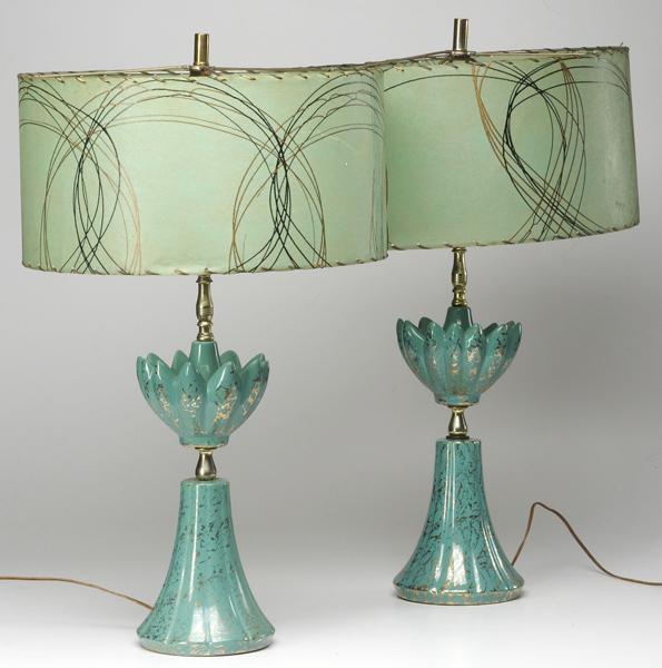 Appraisal: MODERN Pair of blue tulip-shaped ceramic lamps their drum shades