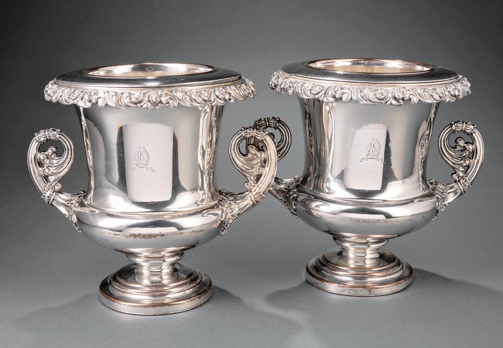 Appraisal: Pair of Georgian Sheffield Plate Campagna-Form Wine Coolers c removable