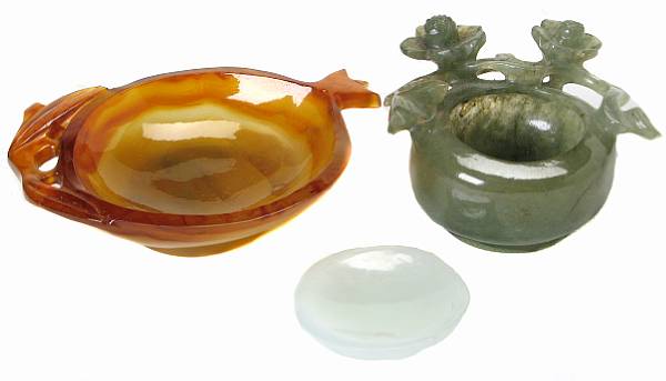 Appraisal: A group of three jade and hardstone carvings comprising a