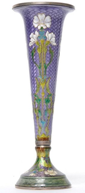 Appraisal: French Guilloche Enamel Floral Bud Vase Silver Rim Antique French