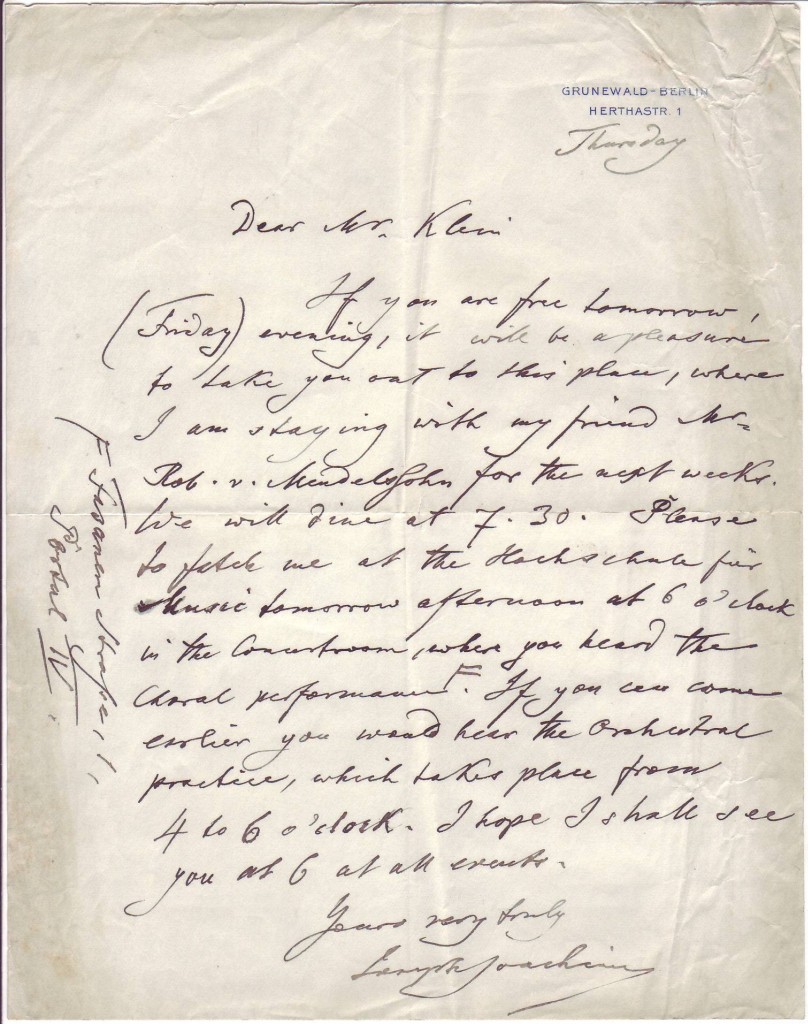 Appraisal: JOACHIM JOSEPH Autograph Letter Signed to music critic Herman Klein