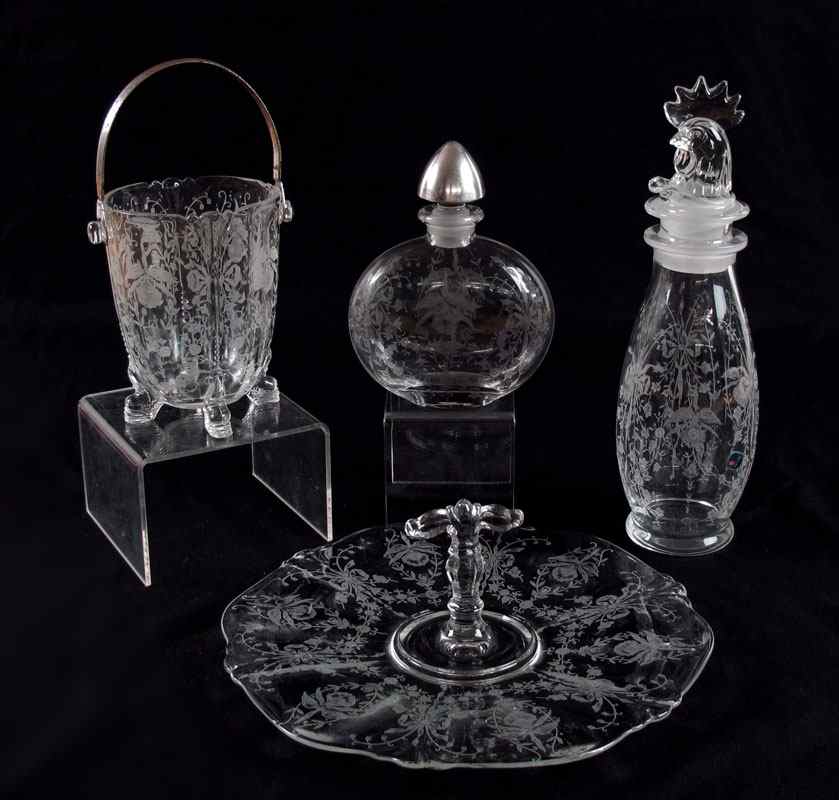 Appraisal: PIECE HEISEY ORCHID GLASS To include Martini shaker with rooster