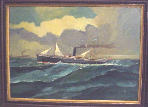 Appraisal: P T Bourland oil on card steamship with sails on