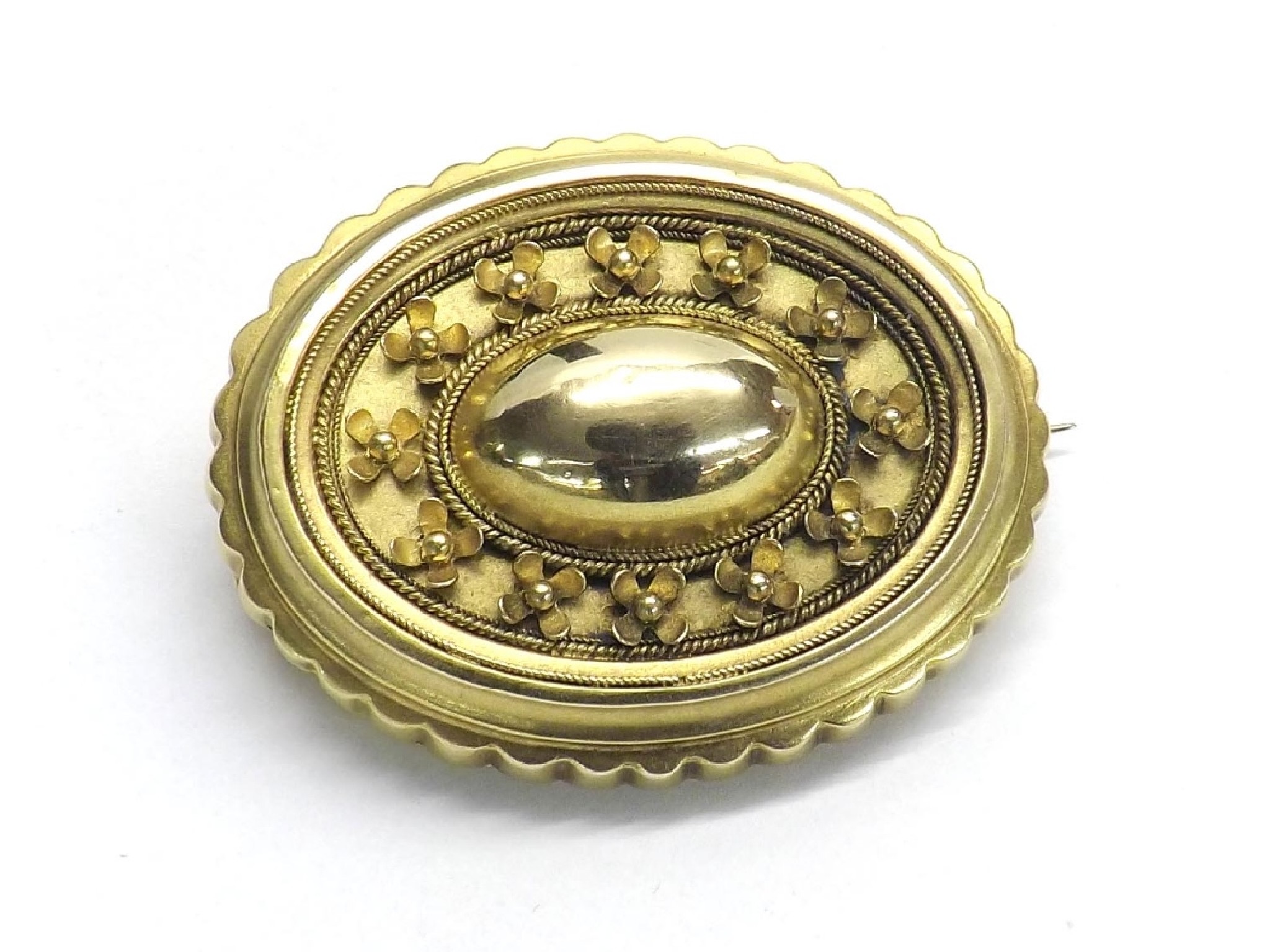 Appraisal: Victorian oval gold mourning brooch with flowerhead and beadwork decoration