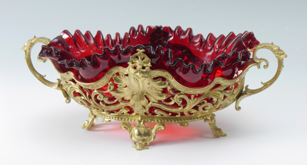 Appraisal: GILT METAL CENTER BOWL WITH RUBY RED GLASS INSERT Double