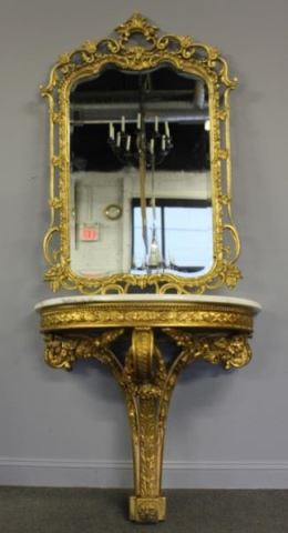 Appraisal: Gilded and Carved Marble Top Console and Mirror From an