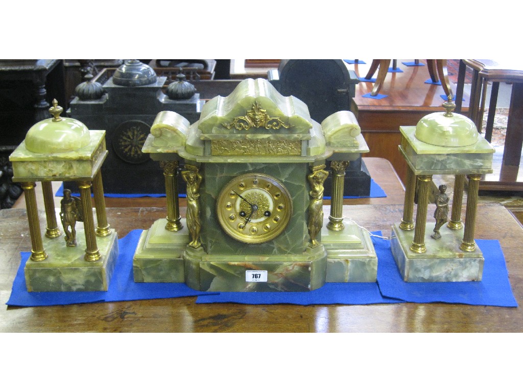 Appraisal: Victorian green marble and gilt metal three piece clock garniture