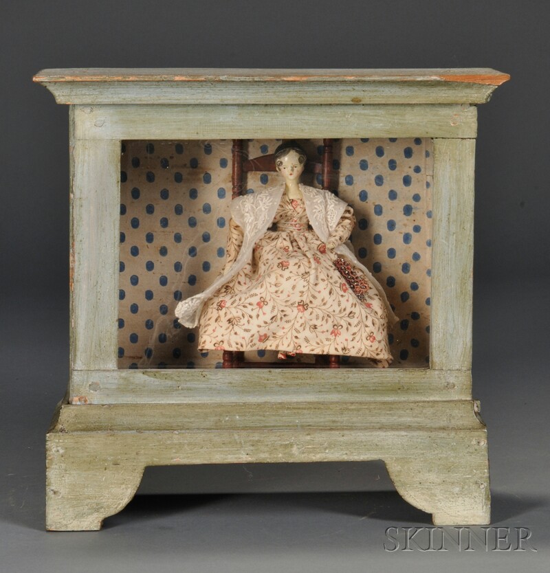 Appraisal: Painted Glazed Display Case with s Wood Doll Seated on