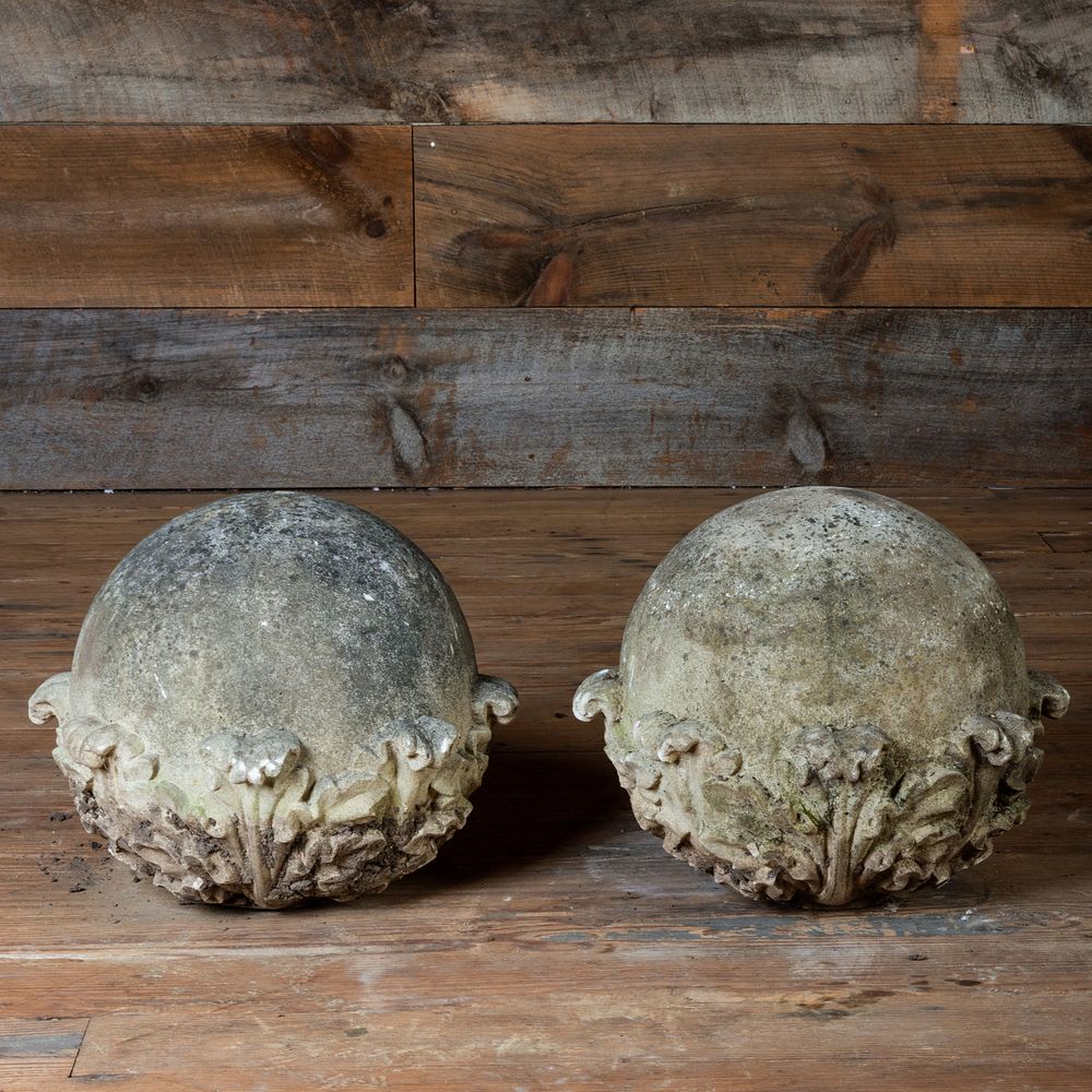 Appraisal: Pair of Acanthus Decorated Composition Garden Orbs x in diam