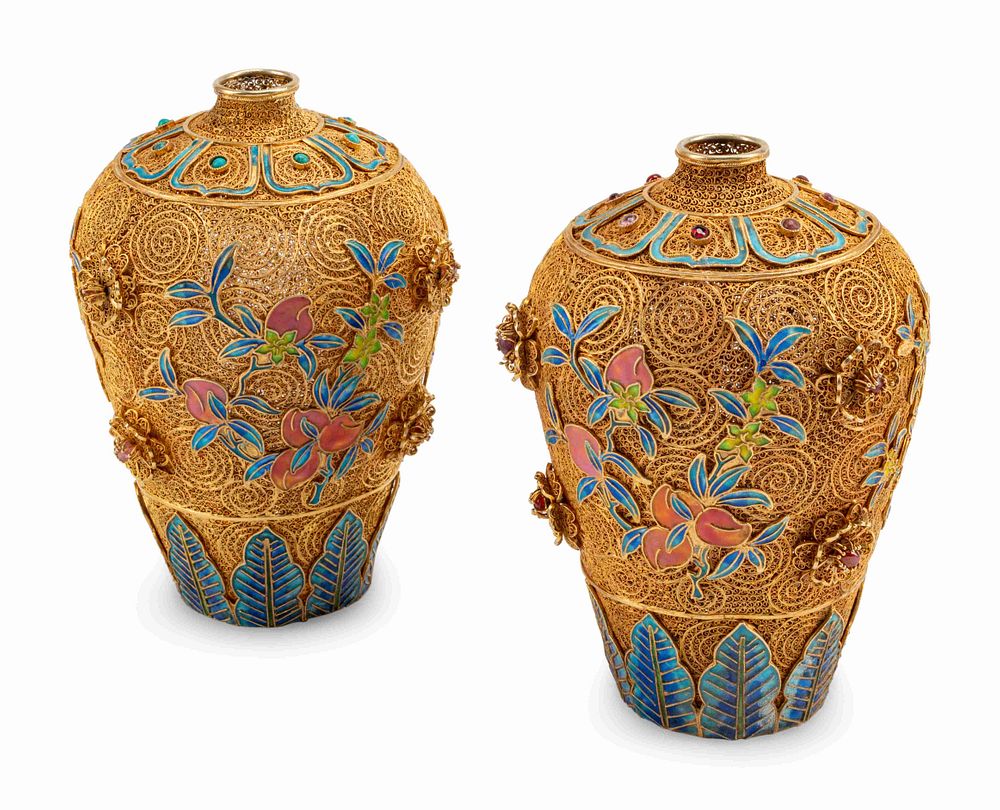 Appraisal: A Pair of Jeweled Silver-Gilt Filigree and Enamel Vases A