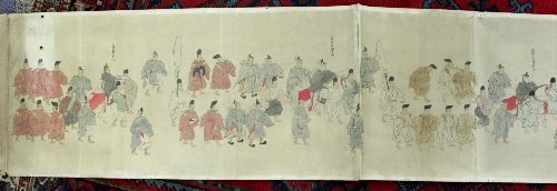 Appraisal: A Japanese scroll printed in colours with a large procession