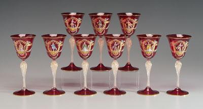 Appraisal: Nine ruby glass goblets twisted stems enamel and gilt decoration