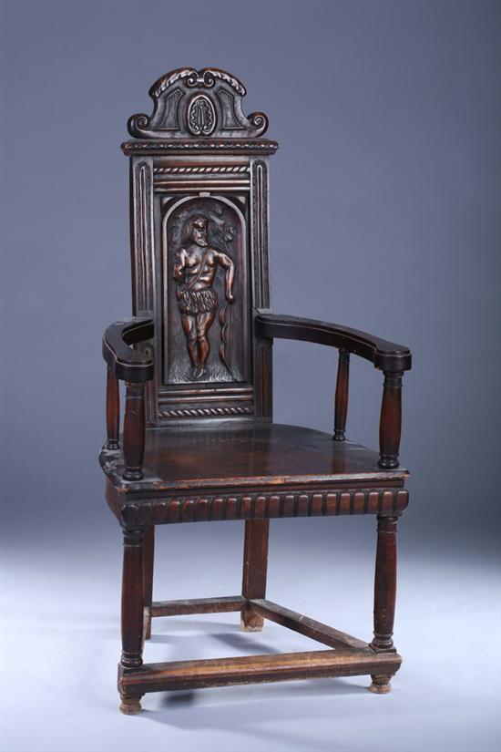 Appraisal: RENAISSANCE REVIVAL FRUITWOOD CACQUETEUSE ARM CHAIR Figural-carved panel-back with scrolling-foliate