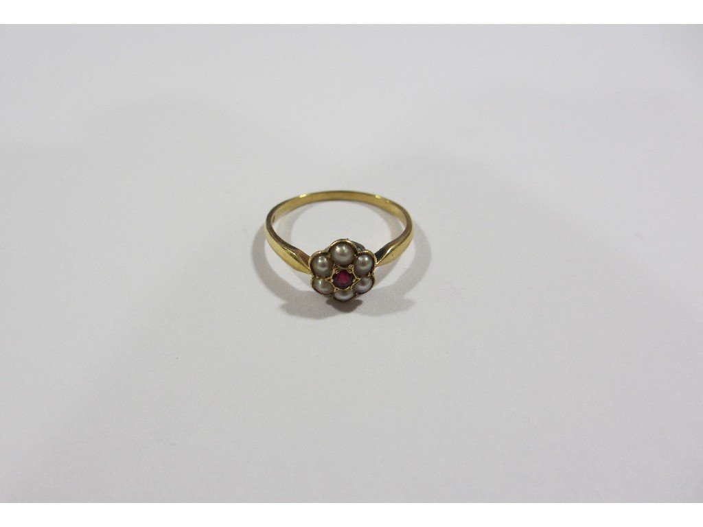 Appraisal: Edwardian ct gold ruby and seed pearl cluster ring