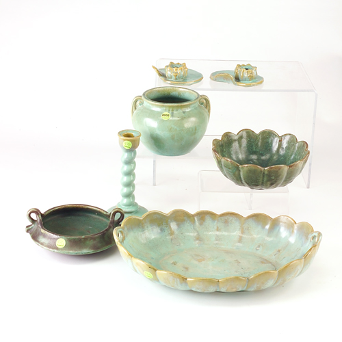 Appraisal: FULPER Seven items in green glazes including an early scalloped