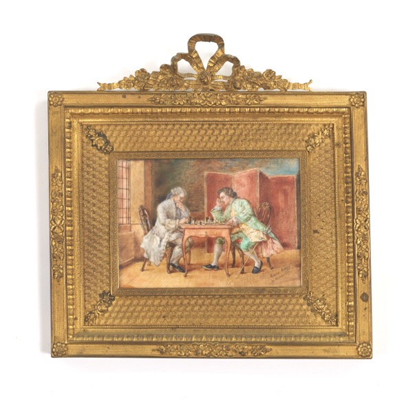 Appraisal: FRENCH D'ORE BRONZE FRAMED MINIATURE PAINTING OF CHESS PLAYERS x