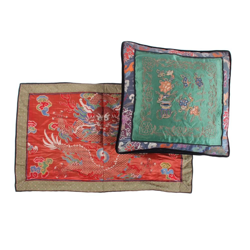 Appraisal: TWO CHINESE SILK PILLOW COVERS ORANGE COVER WITH EMBROIDERED DRAGON