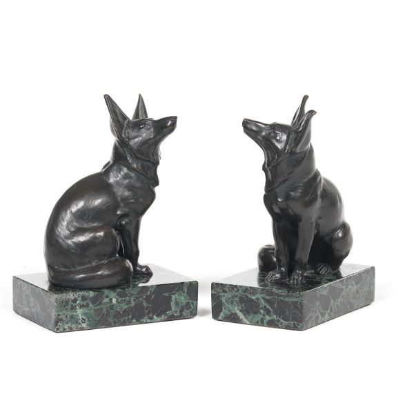 Appraisal: AUSTRIAN PAIR OF PATINATED BRONZE FOX BOOKENDS ON VERDIGRIS MARBLE