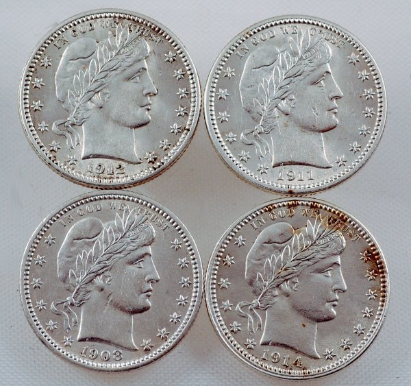 Appraisal: Four Barber quarters includes and CONDITION About Uncirculated with a