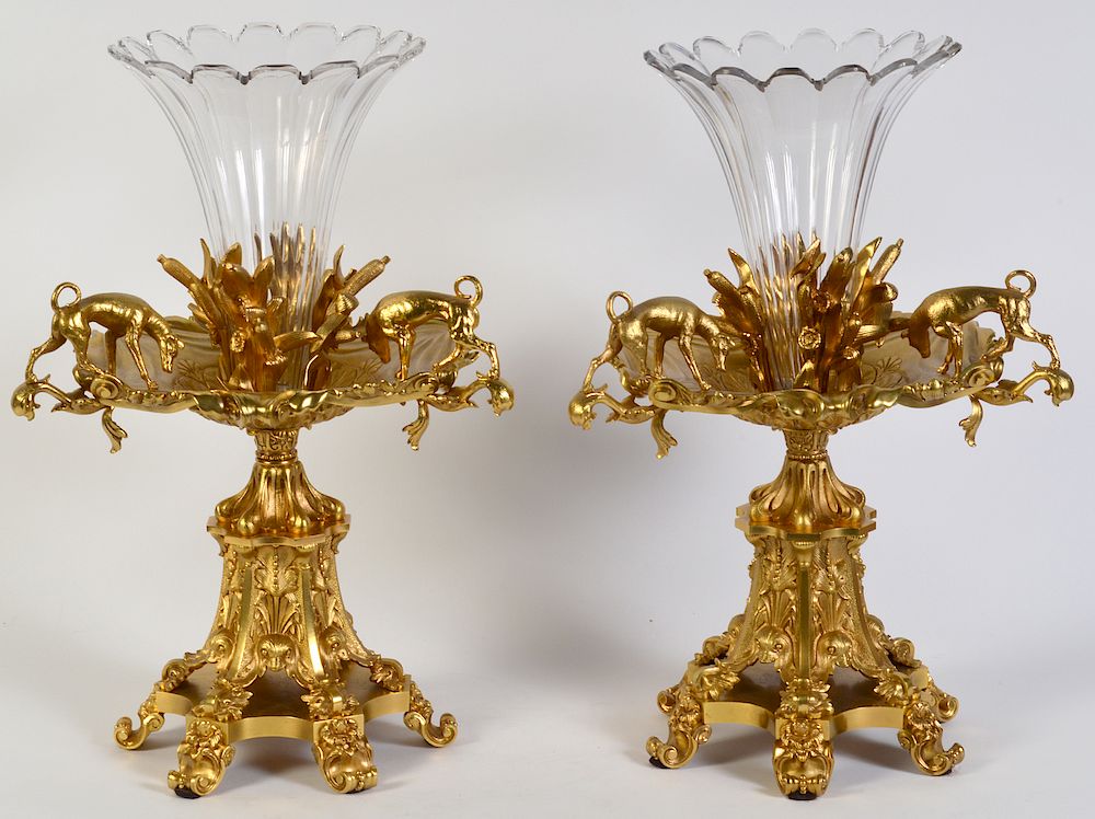 Appraisal: Pr Glass Trumpet Vases on Gilt Bronze Bases Bases Gilt